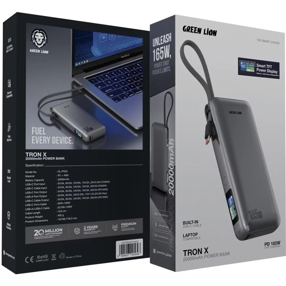 Green Lion Tron X Power Bank 20000Mah Pd 165W,Gray