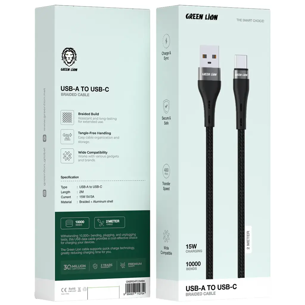 Green Lion USB-A to USB-C Braided Cable - Black