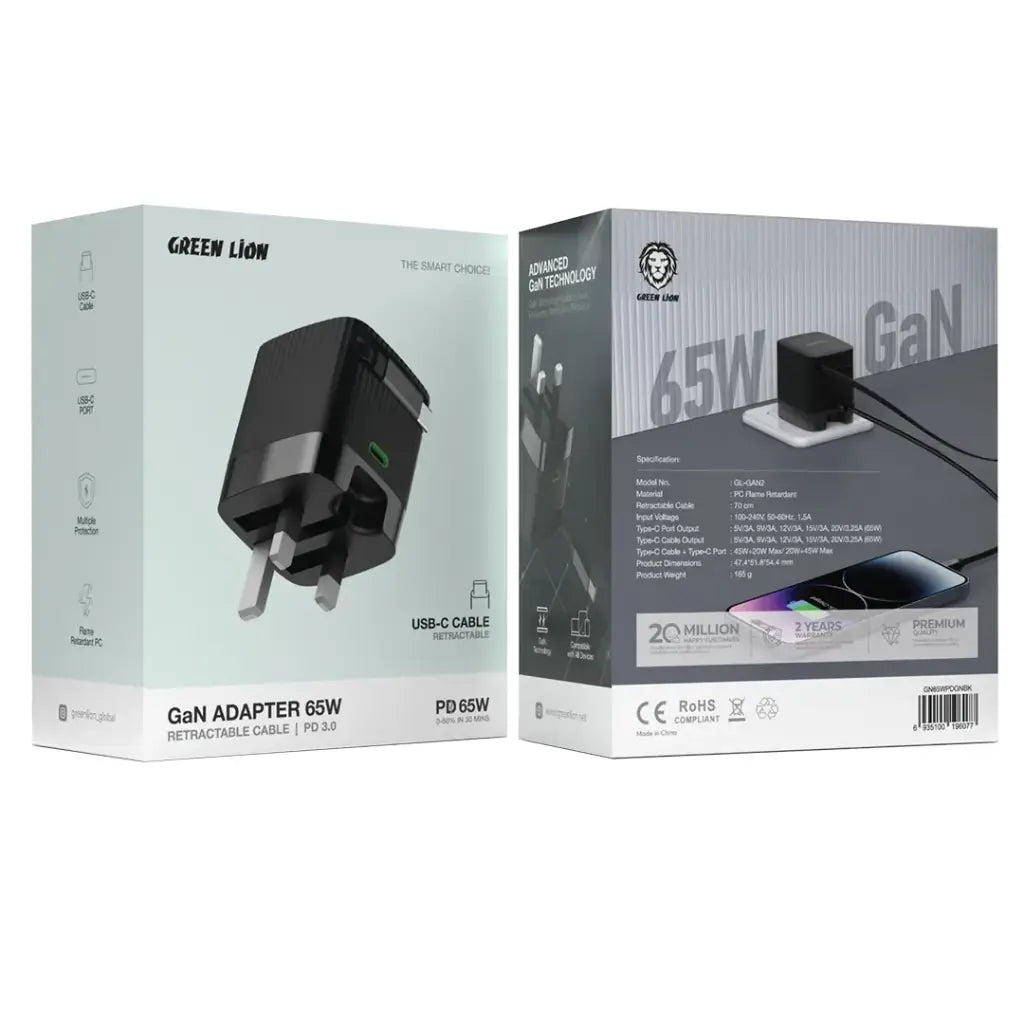 Green Lion Gan Adapter 65W Retractable Cable PD 3.0