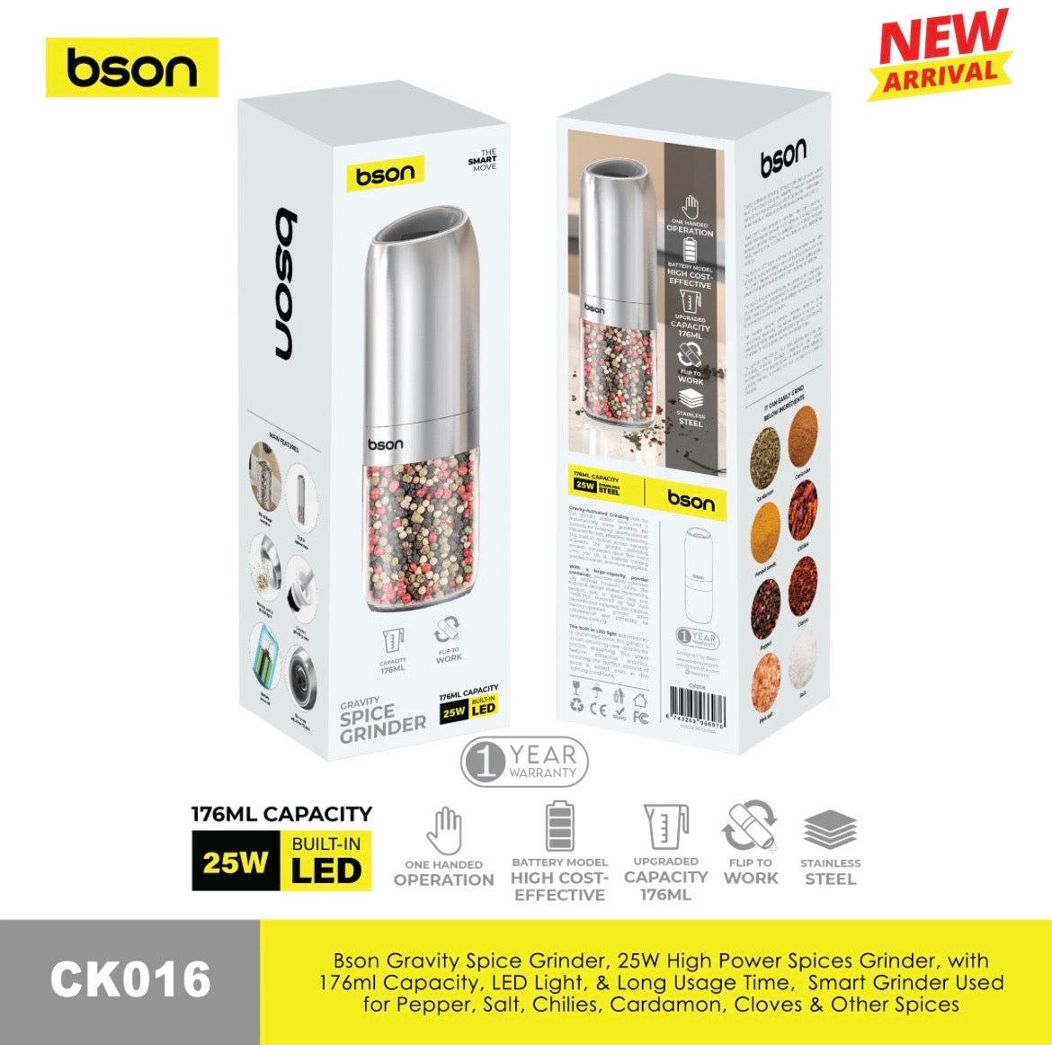BSON Gravity Spice Grinder, 25W High-Power Electric Spice Grinder With Built-In LED Light, 176ml Capacity, One-Handed Operation, Stainless Steel Body, Flip-To-Work Design For Pepper, Salt, Chili & Spices