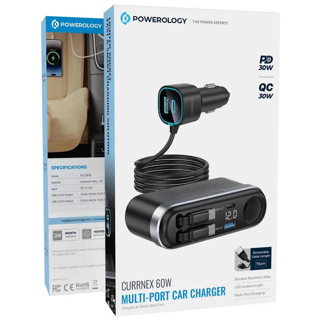 Powerology Currnex 60W Multi-Port Car Charger - Black