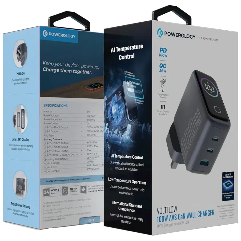 Powerology VoltFlow 100W AVS GaN wall charger gray product view