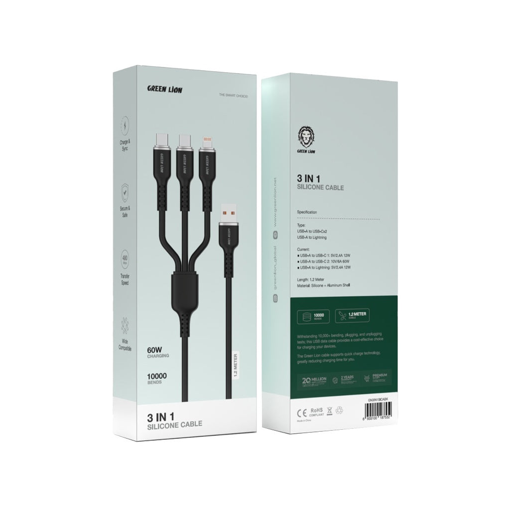 Green Lion 3in1 Silicone Cable USB-A To USB-C×2 and Lightning - Black