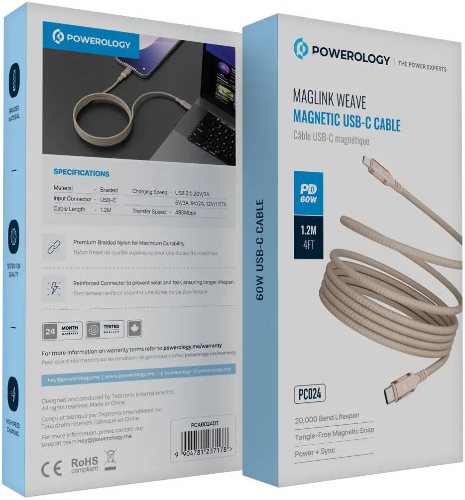 Powerology Malinka Weave Magnetic USB-C 1.2m Cable PD 60W