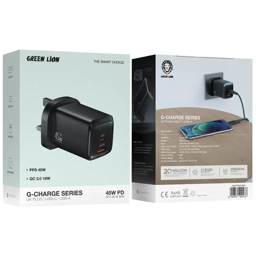 Green Lion G-Charge Series Dual Port Wall Charger 45W UK Plug - Black + USB-C cable