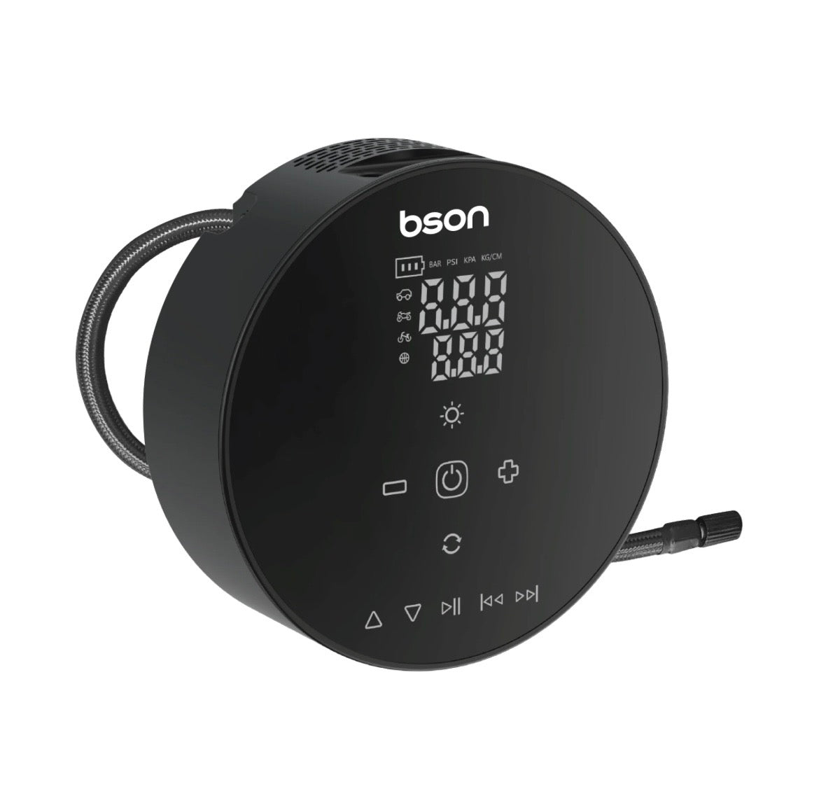 Bson Bluetooth Speaker Inflator Is A Powerful 4-In-1 Multi-Function Device Combining An Air Pump, Bluetooth Speaker, LED Lighting, And Power Bank Into One Compact, Portable Unit.