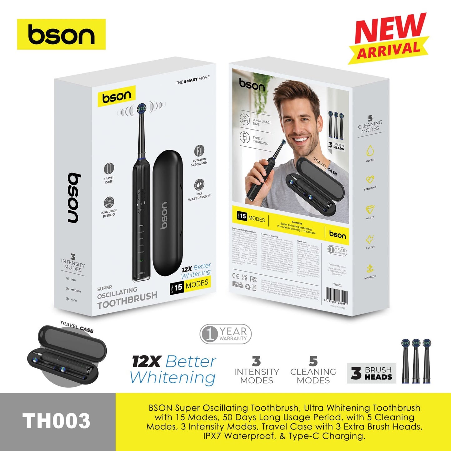 BSON Super Oscillating Electric Toothbrush – 15 Modes, 3 Brush Heads & Travel Case