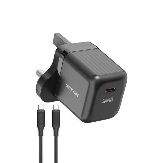 Green Lion Ultra Compact GaN Wall Charger UK Pin USB-C 20W with C to C Cable - Black