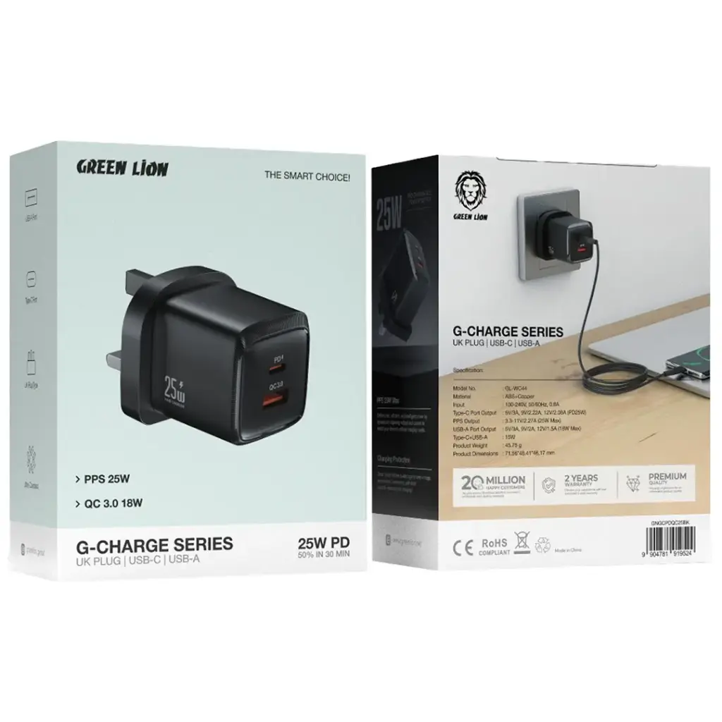 Green Lion G-Charge Series Dual Port Wall Charger 25W UK Plug - Black + USB-C Cable