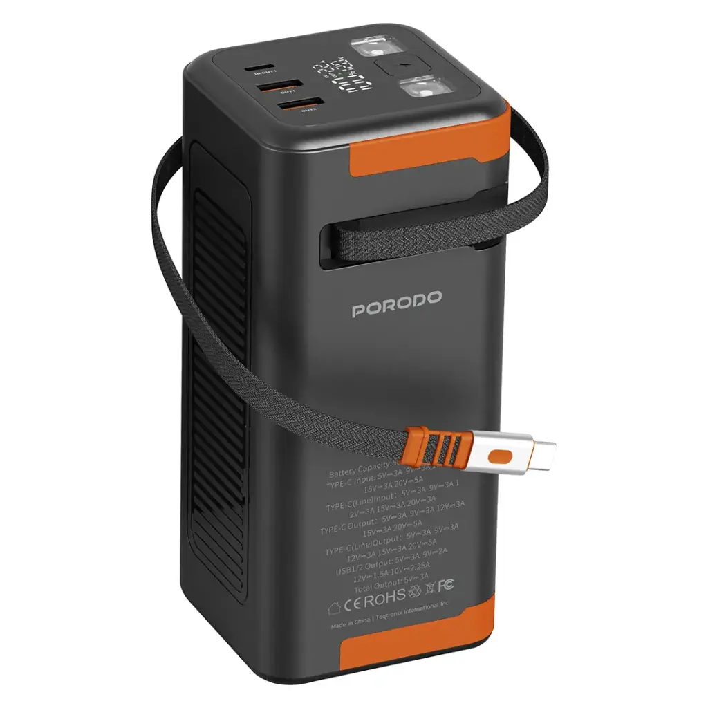 Porodo Power Boost 50000mAh Power Bank with Retractable Type-C Cable - Black