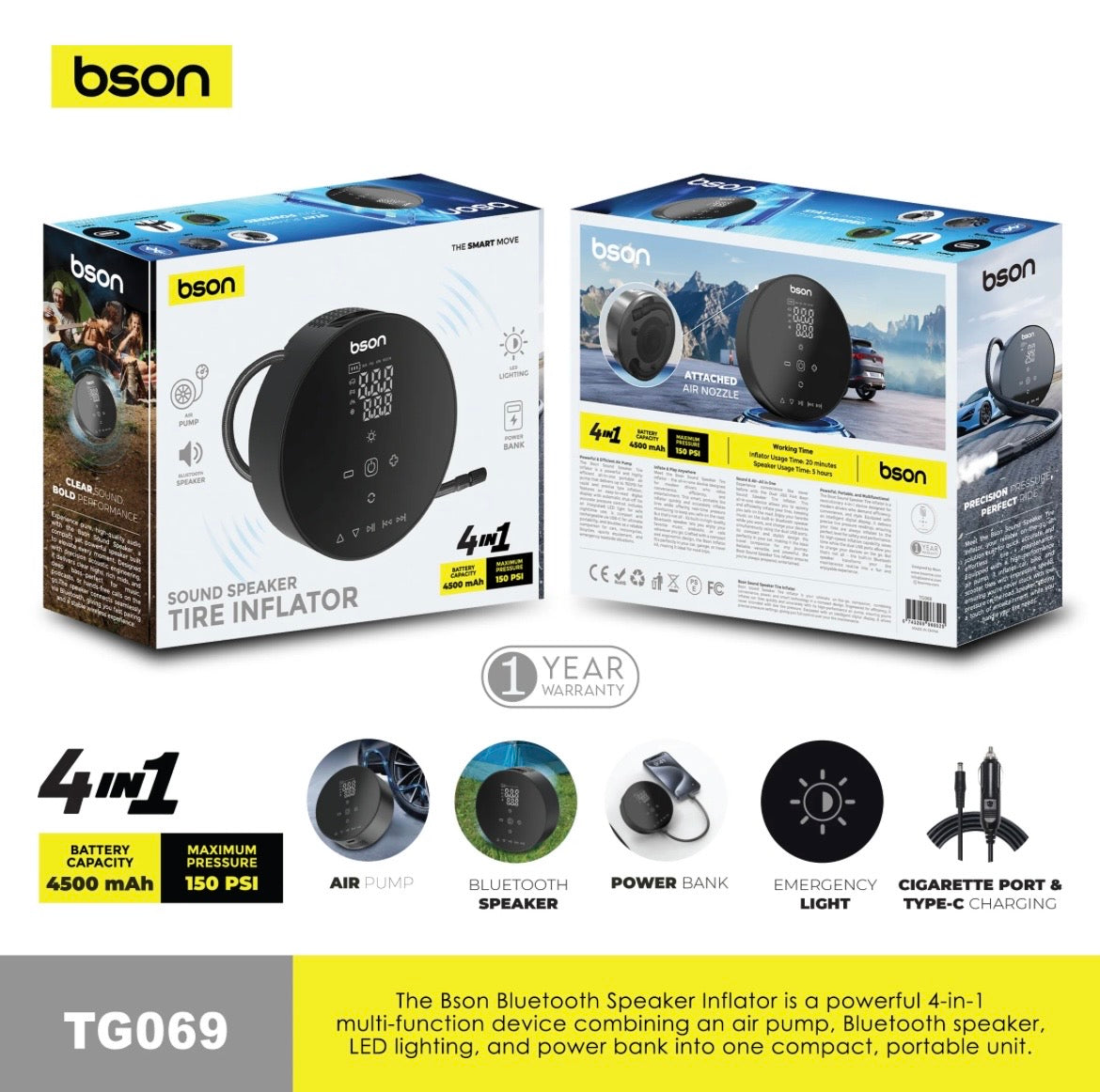 Bson Bluetooth Speaker Inflator Is A Powerful 4-In-1 Multi-Function Device Combining An Air Pump, Bluetooth Speaker, LED Lighting, And Power Bank Into One Compact, Portable Unit.