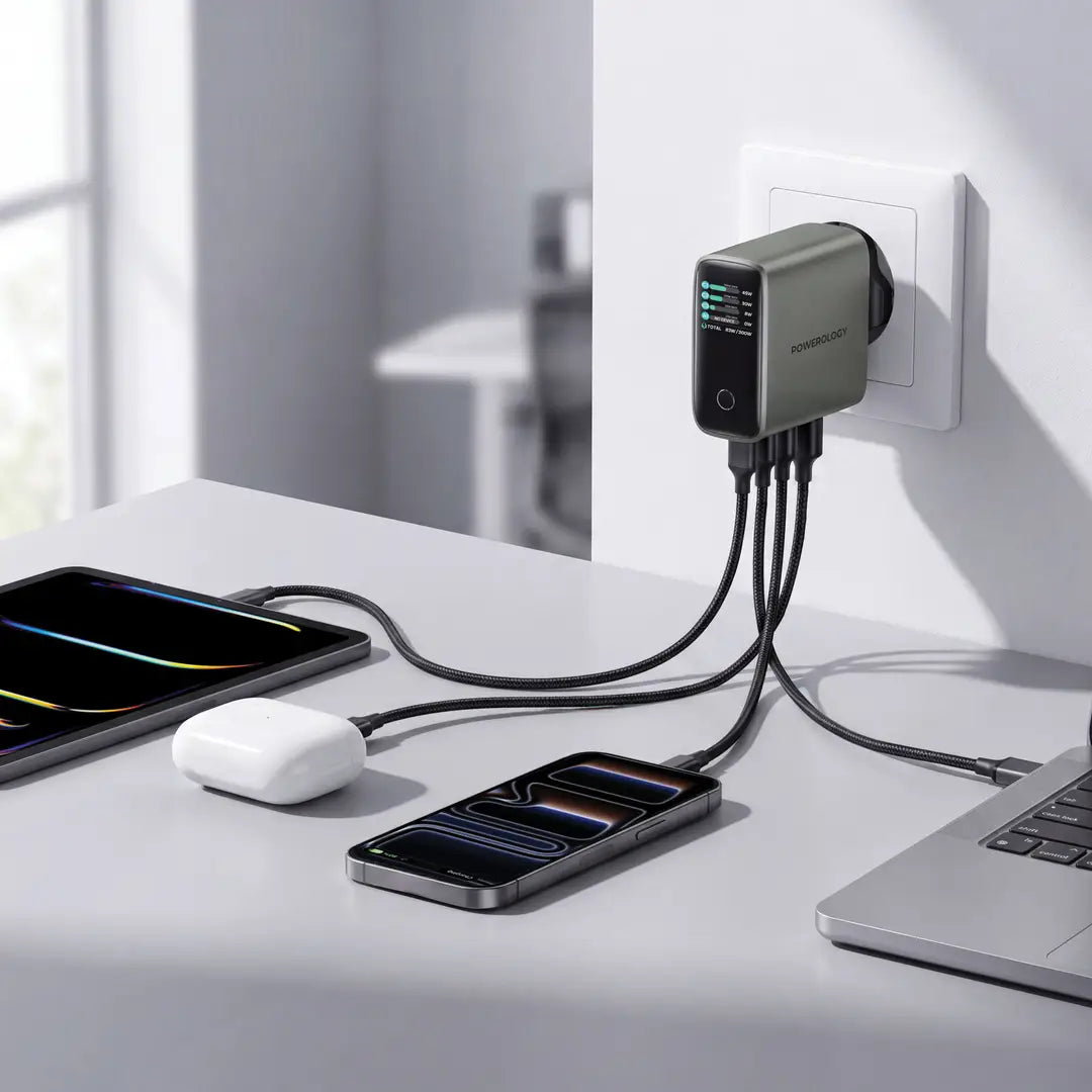 Powerology Helion 200W 4-Port GaN Wall Charger with Smart TFT Display - Gray