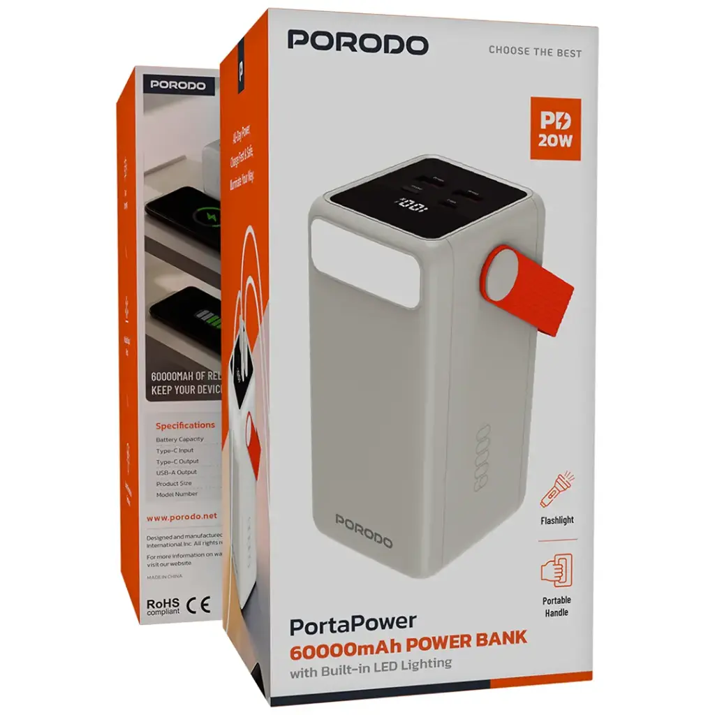 Porodo PortaPower 60000mAh Power Bank with Built-In LED Lighting - White