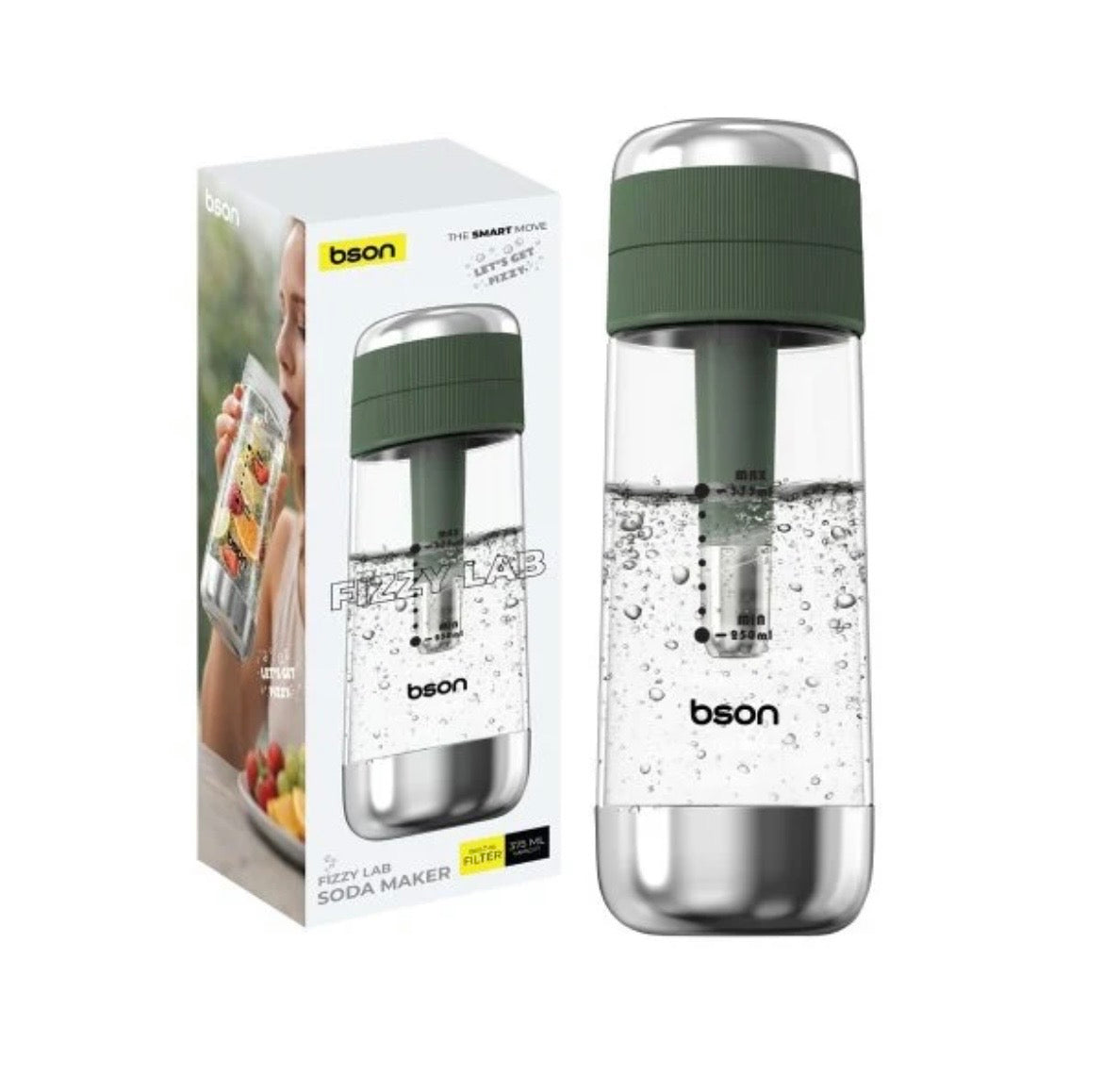 BSON Fizzy Lab Soda Maker With Built-In Filter | 375ml BPA-Free Bottle | No Electricity Required | Compatible With 8g CO₂ Cartridges