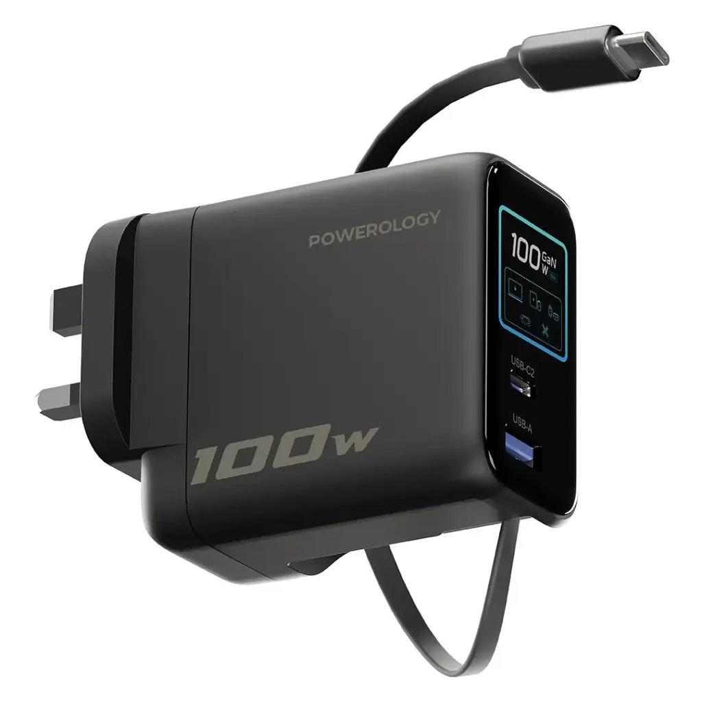 Powerology 100W TFT Adapter Retractable Type-C Cable - Black