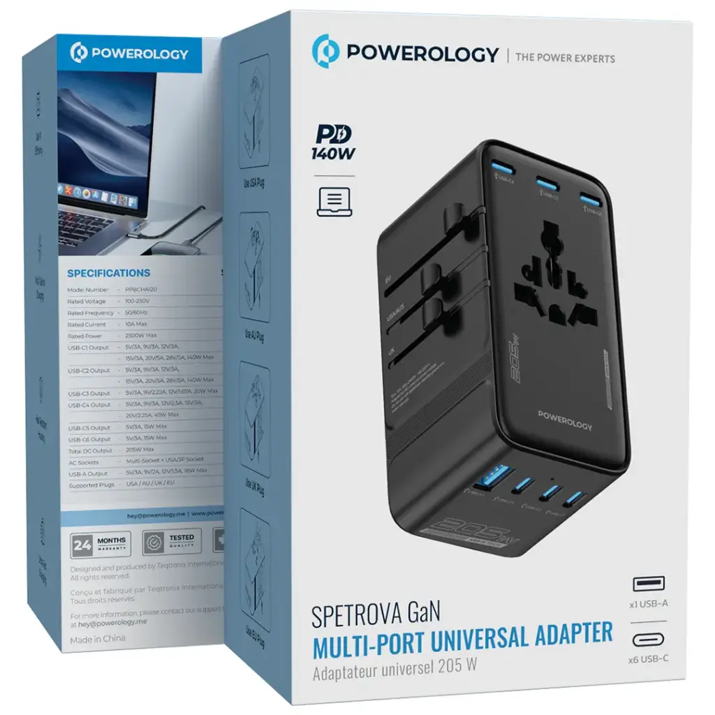 Powerology Spetrova GaN Multi-Port Universal Adapter - Black