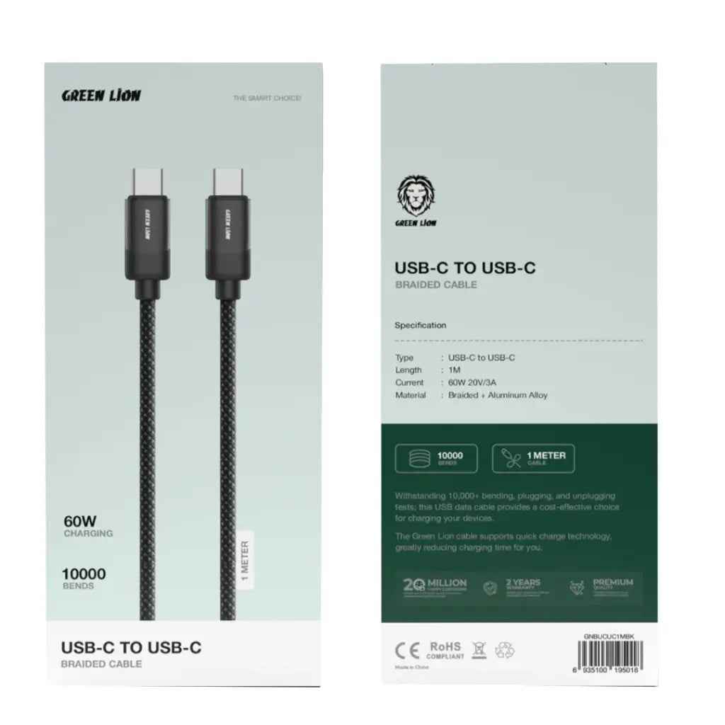 Green Lion USB-C to USB-C Braided Cable 1m 60W - Black