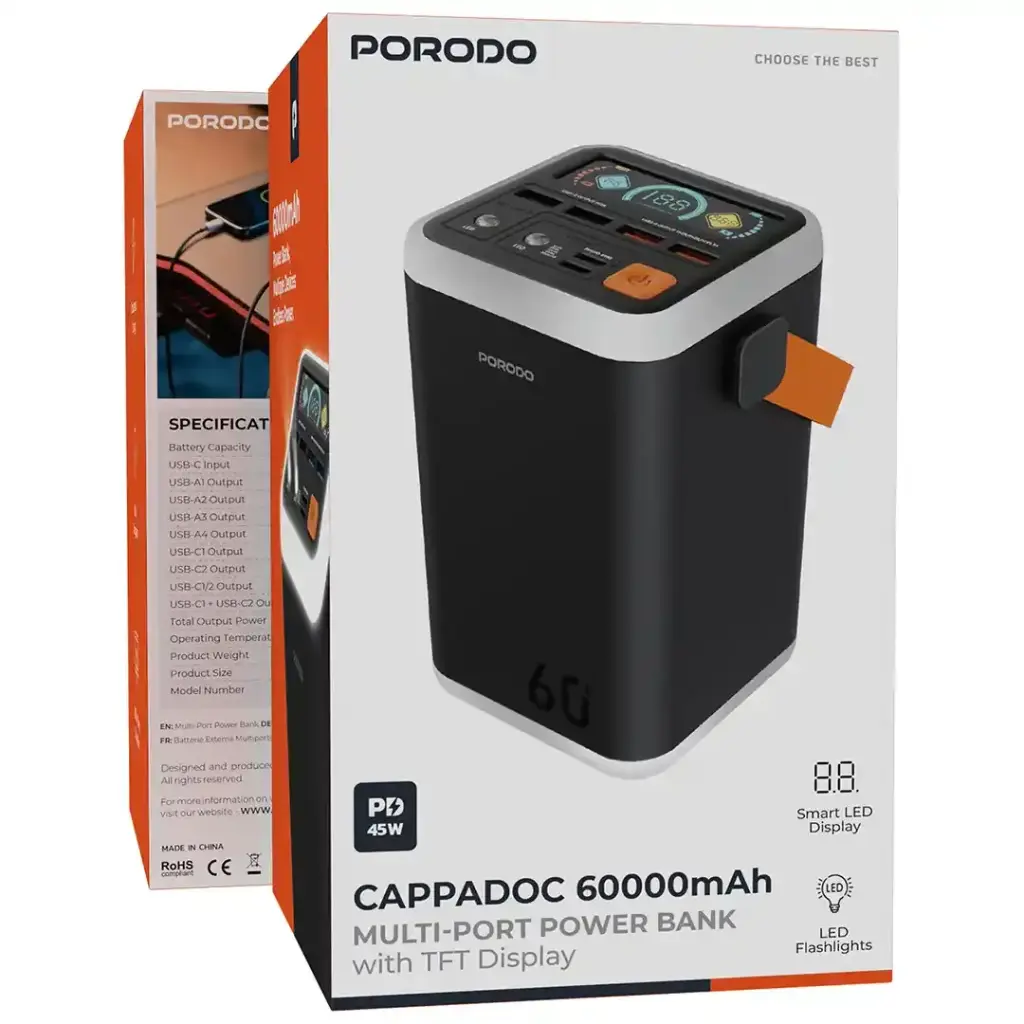 Porodo Cappadoc 60000mAh Multi-Port Power Bank with TFT Display - Black