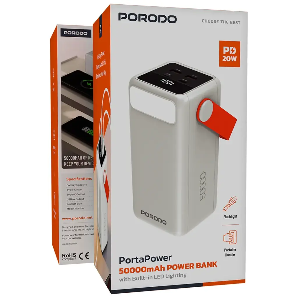 Porodo PortaPower 50000mAh Power Bank with Built-In LED Lighting - White