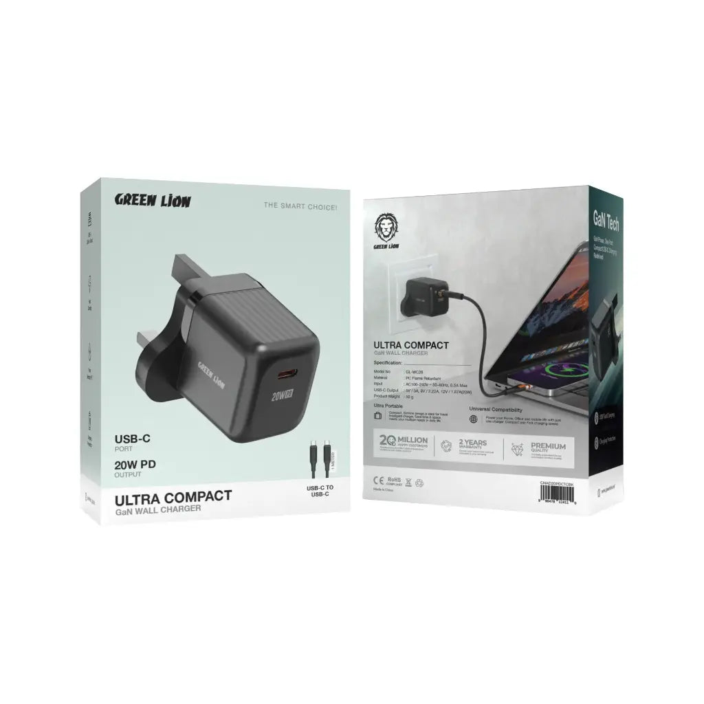Green Lion Ultra Compact GaN Wall Charger UK Pin USB-C 20W with C to C Cable - Black