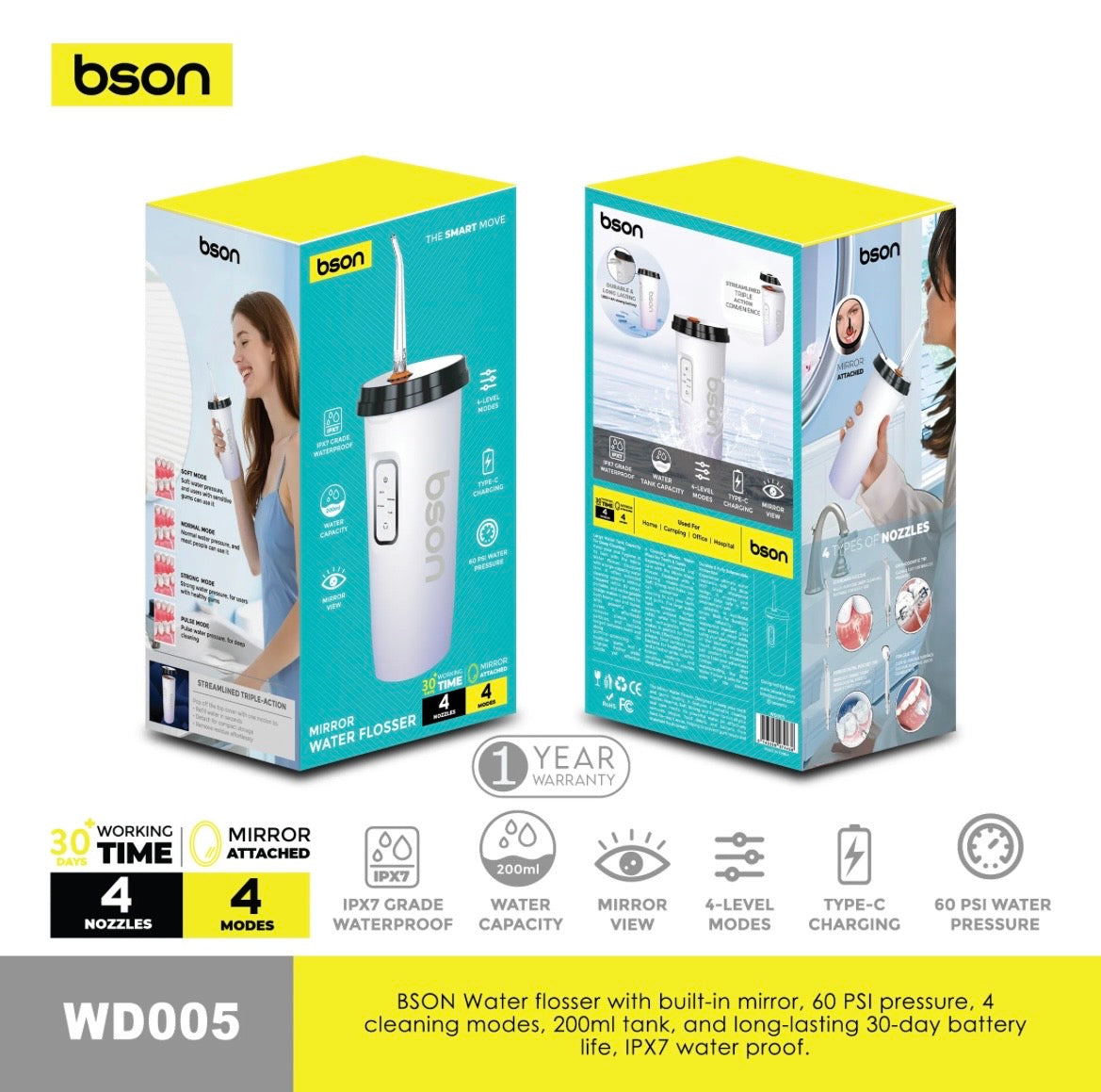 BSON Water Flosser With Built-In Mirror, 60 PSI Pressure, 4 Cleaning Modes, 200ml Tank, And Long-Lasting 30-Day Battery Life, IPX7 Waterproof.