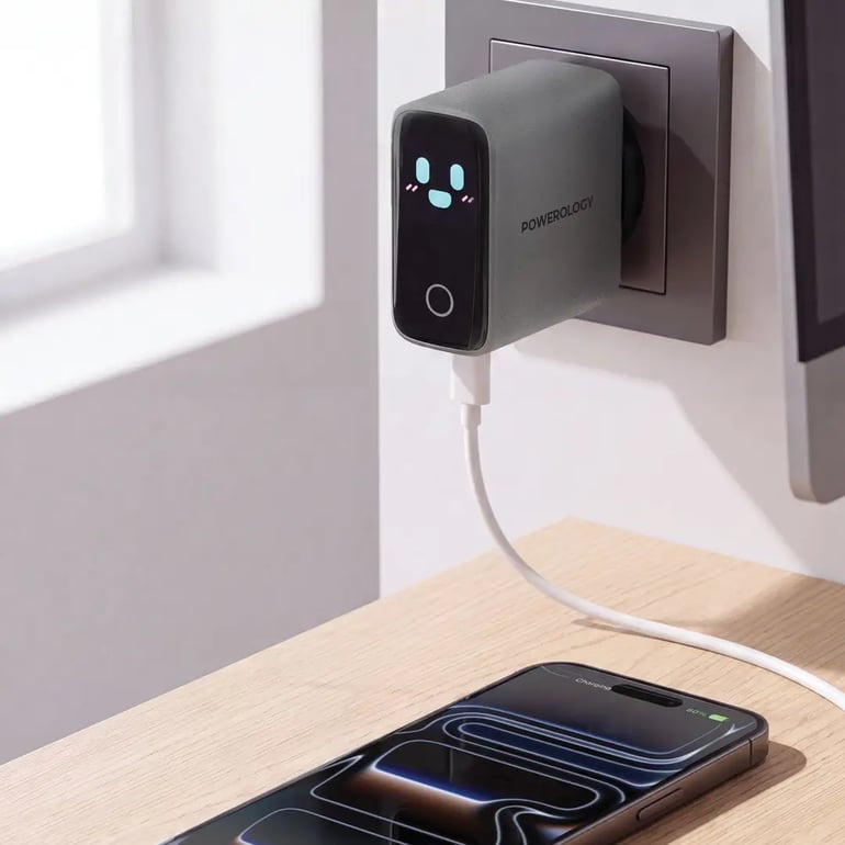 Powerology Helion 200W 4-Port GaN Wall Charger with Smart TFT Display - Gray