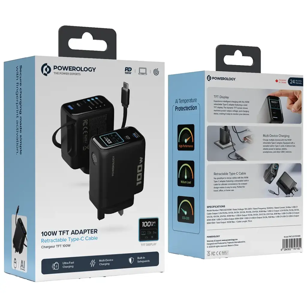 Powerology 100W TFT Adapter Retractable Type-C Cable - Black