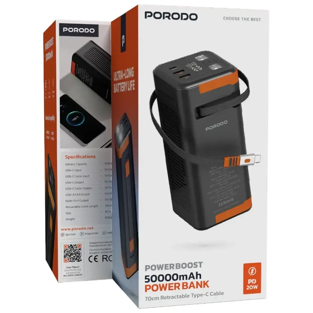 Porodo Power Boost 50000mAh Power Bank with Retractable Type-C Cable - Black