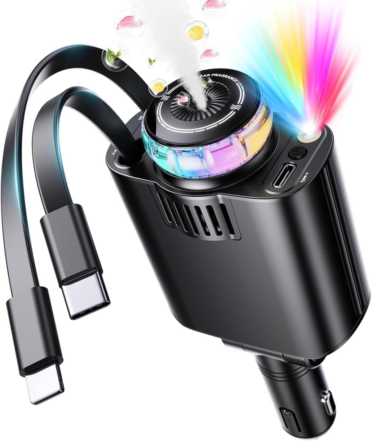5-in-1 car charger with retractable charging cables, ambient starlight and built-in aroma diffuser