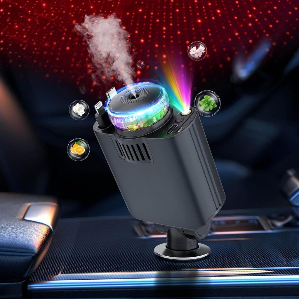 180W multifunction car charger with USB-C, Lightning, PD 3.0, fragrance diffuser and ambient lighting