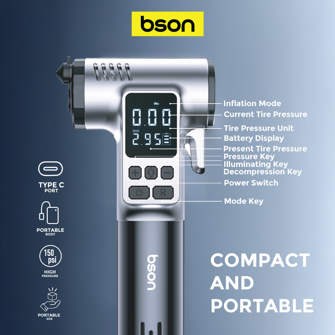 Bson TG063 منفاخ إطارات رقمي محمول مع قياس ضغط الإطار