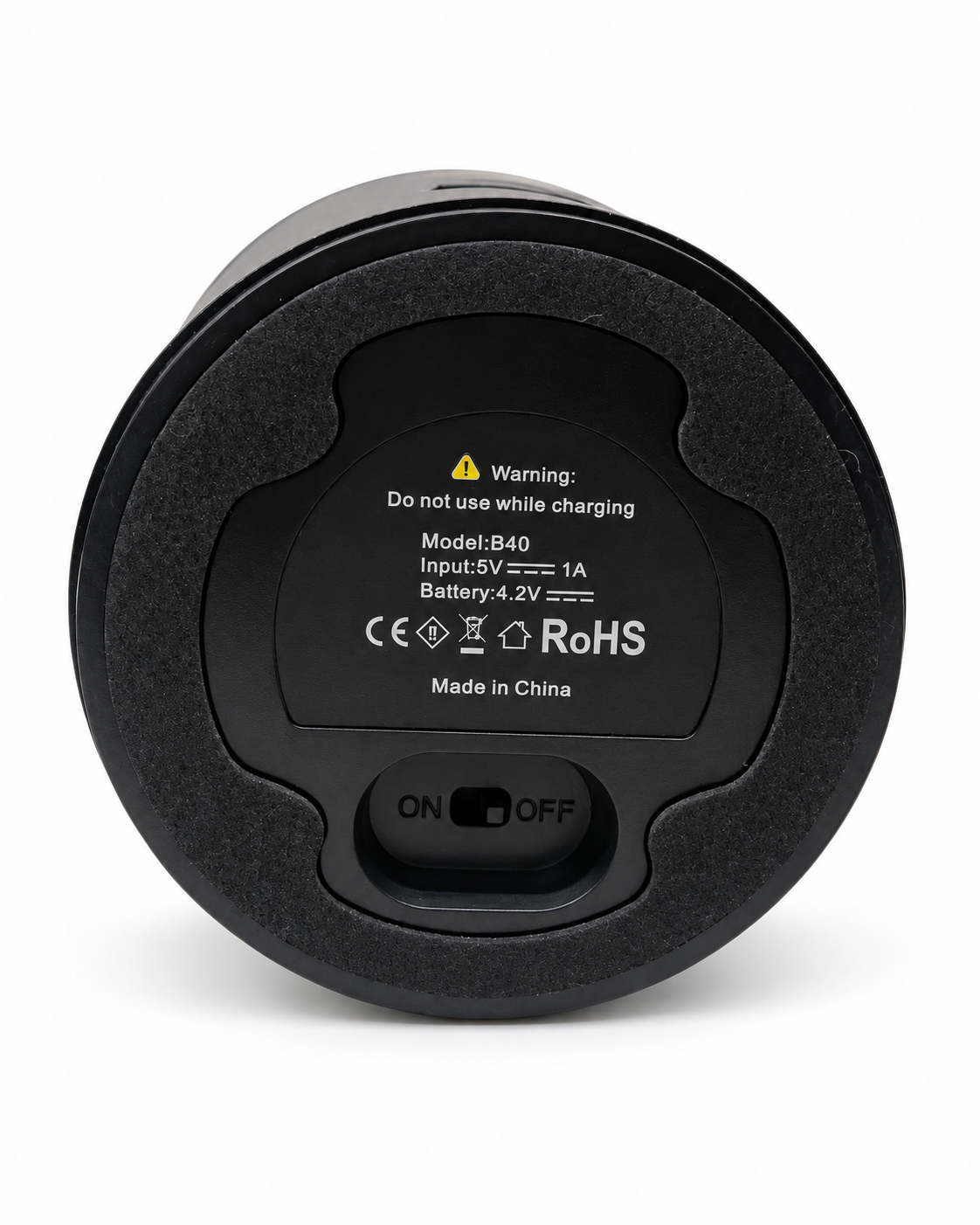 Bukhoon B40 Mini Charcoal Oud Burner bottom view with 5V 1A input and 4.2V battery label
