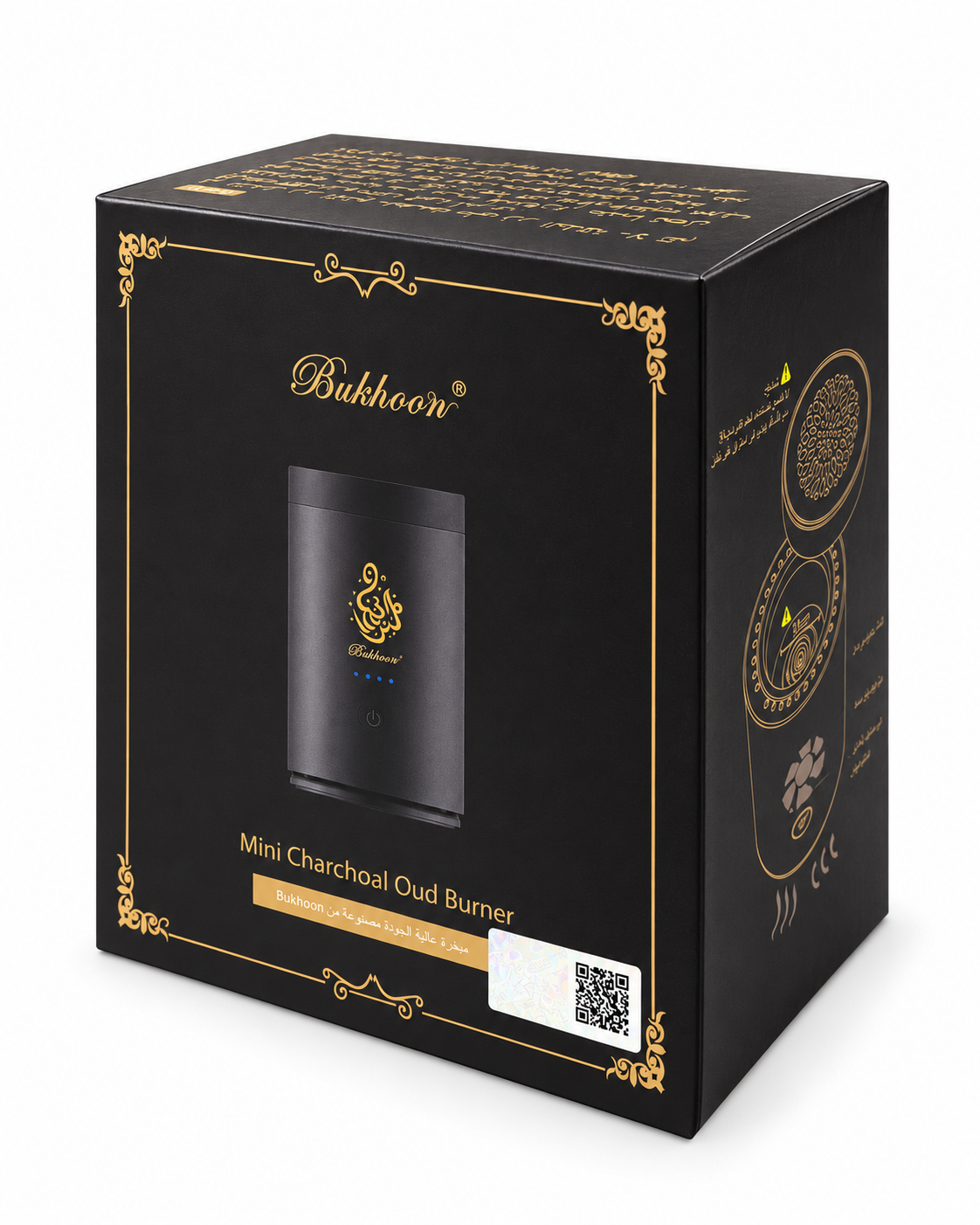 Bukhoon Mini Charcoal Oud Burner packaging three-quarter view showing front and side product diagram