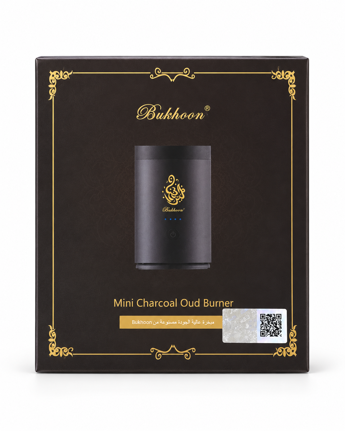 Bukhoon Mini Charcoal Oud Burner retail box front packaging black and gold