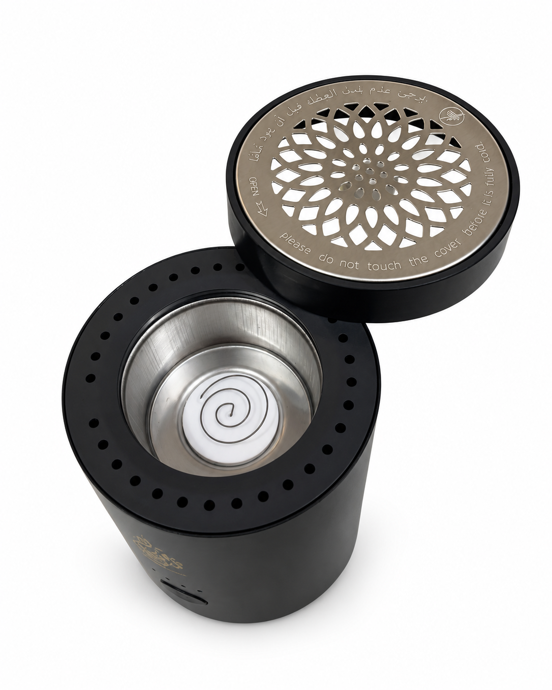 Bukhoon Mini Charcoal Oud Burner open top view showing heating chamber and perforated lid