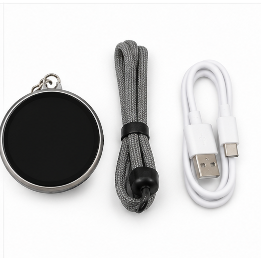 E-Badge H01 contents with digital badge, lanyard and USB-C charging cable on white background
