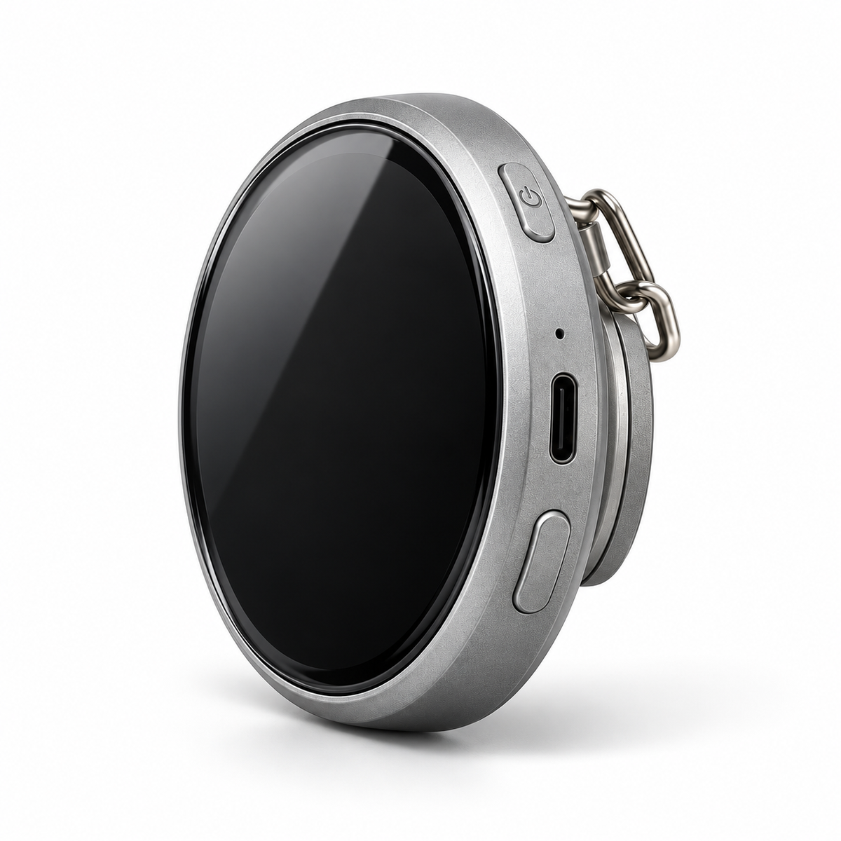 E-Badge H01 smart electronic badge side view with USB-C charging port