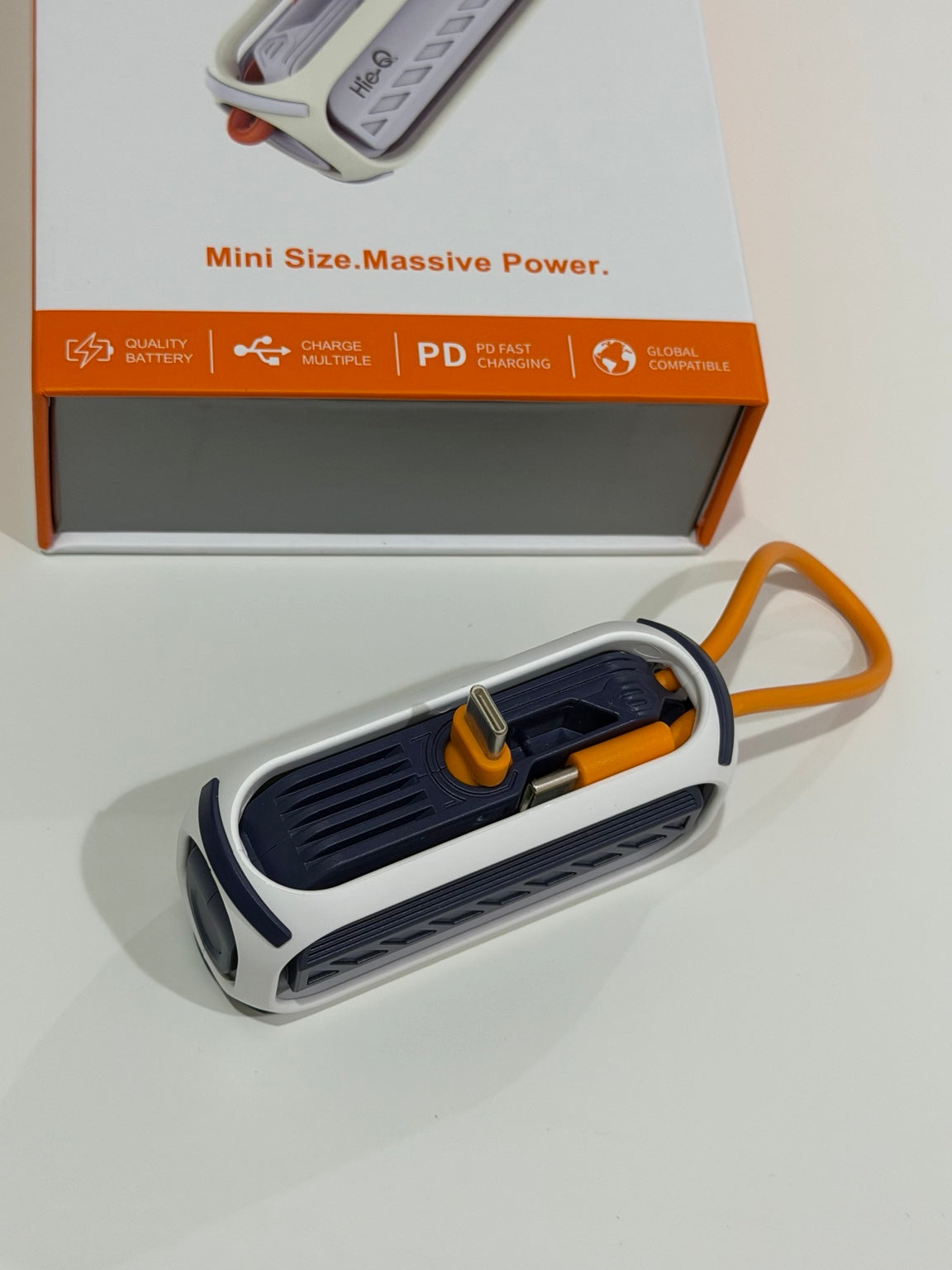 HieQ QuickMini 5K compact power bank with built-in USB-C cable