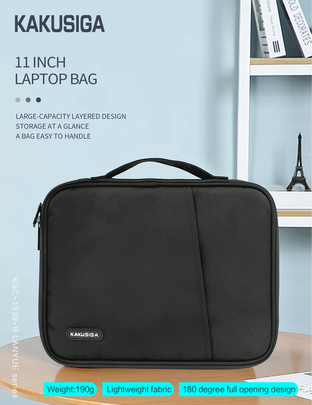 KAKUSIGA LANYUE 11 inch black laptop bag with 180 degree opening