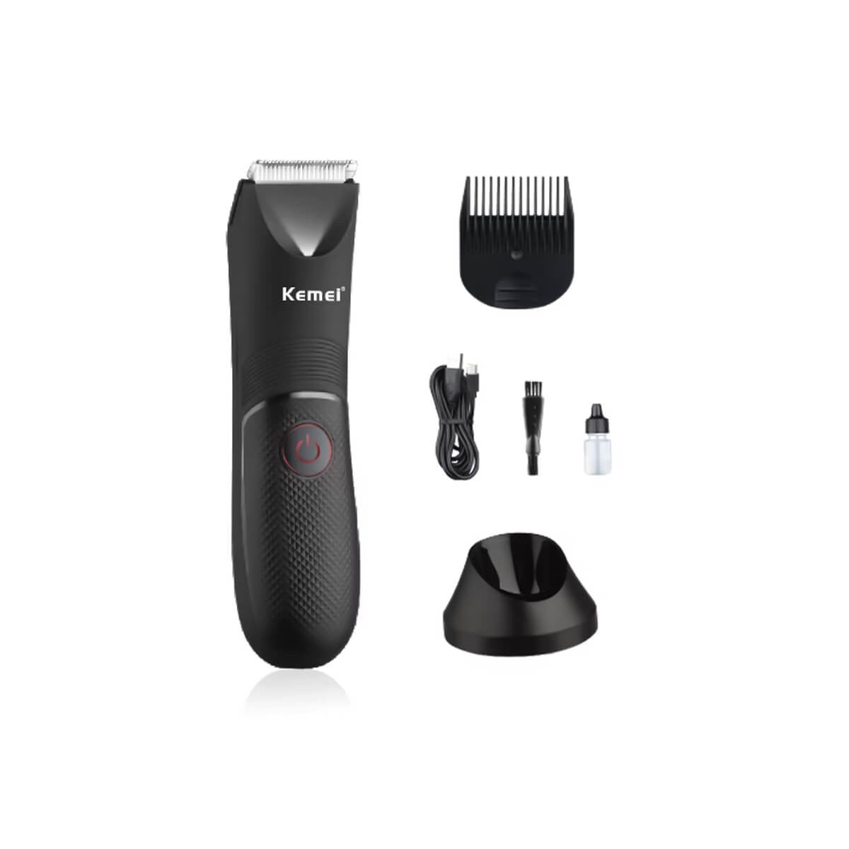Kemei rechargeable body and sensitive area trimmer with accessories on white background