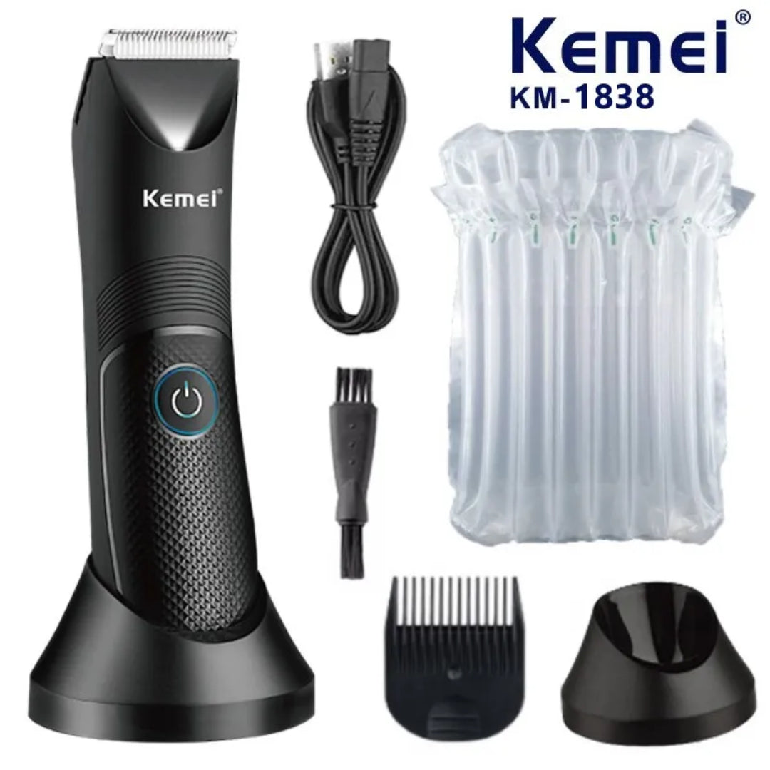 Kemei rechargeable waterproof body trimmer with charging base and accessories on white background