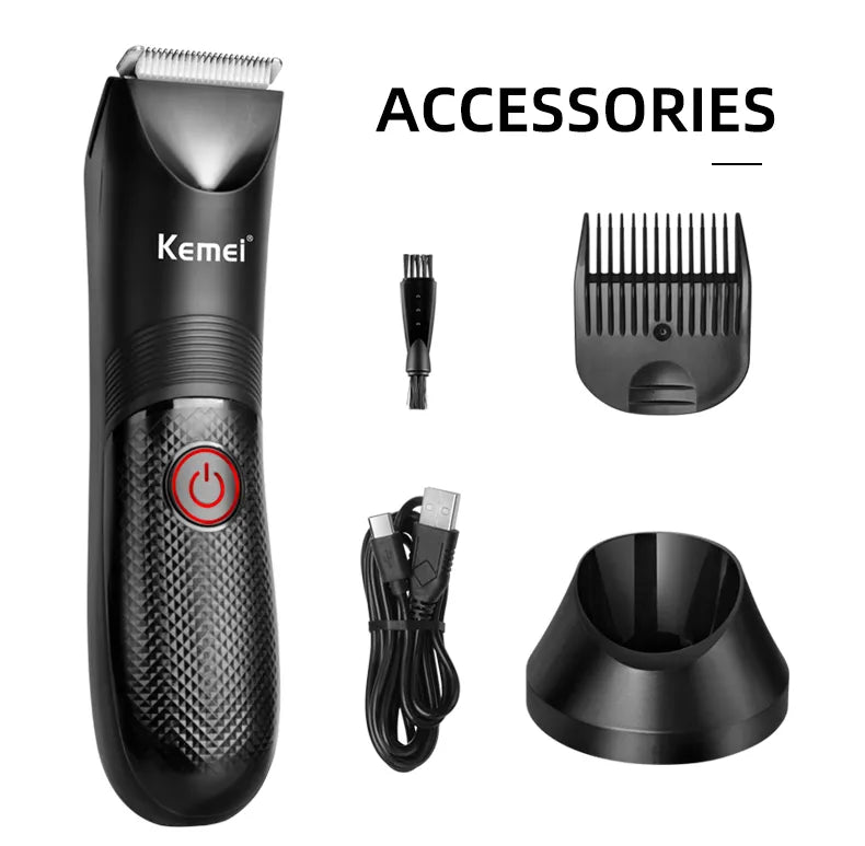 Kemei body and sensitive area trimmer with comb USB cable brush and charging base on white background