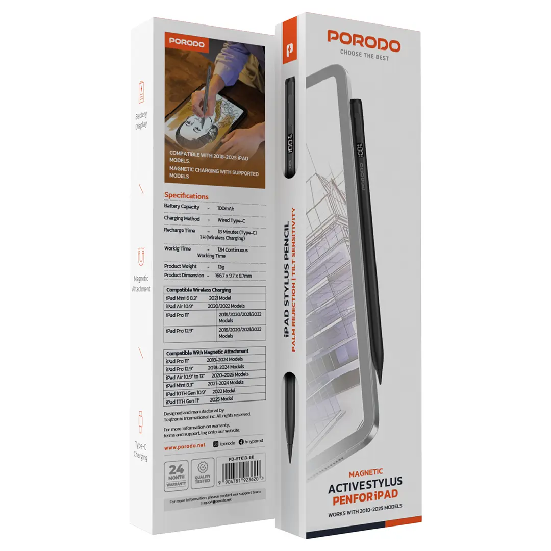 Porodo Magnetic Active Stylus Pen for iPad - Black Packaging
