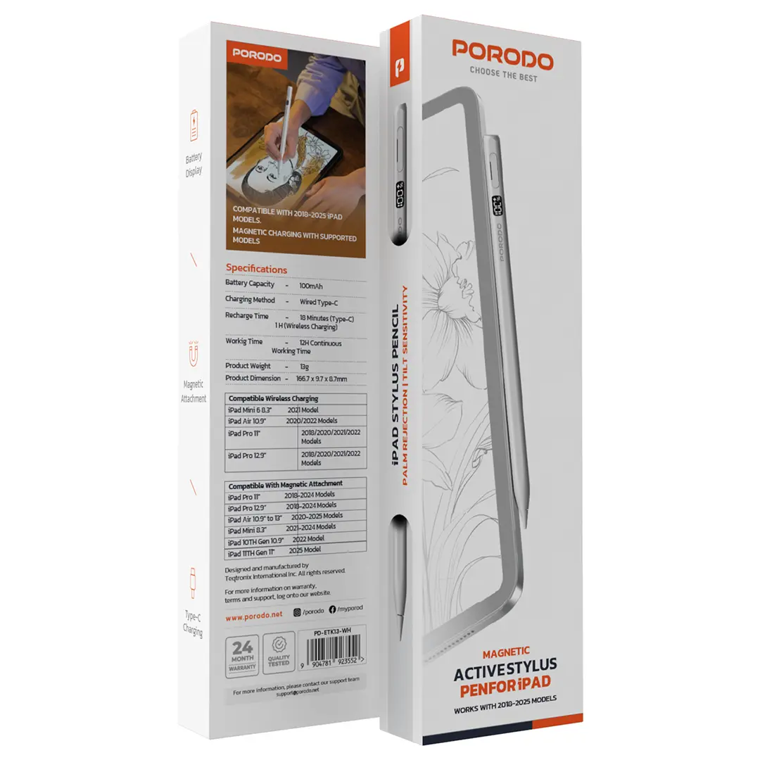 Porodo Magnetic Active Stylus Pen for iPad - White Packaging