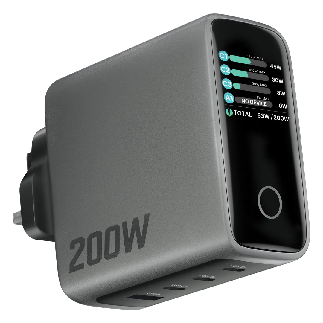 Powerology Helion 200W 4-Port GaN Wall Charger with Smart TFT Display - Gray