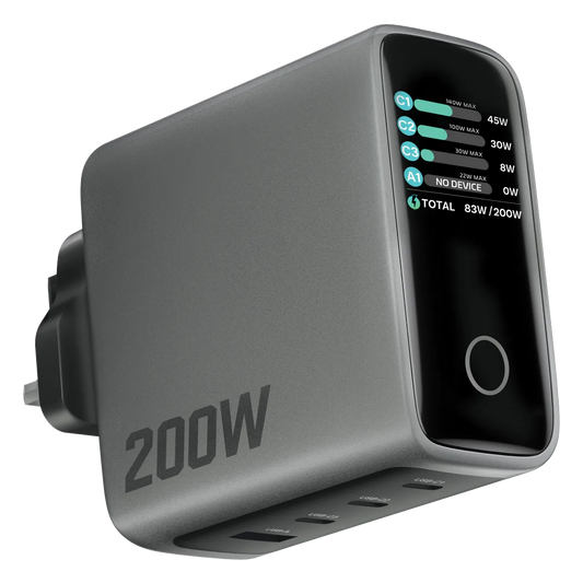 Powerology Helion 200W 4-Port GaN Wall Charger with Smart TFT Display - Gray