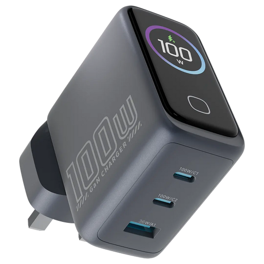 Powerology VoltFlow 100W AVS GaN Wall Charger with Smart TFT Display - Gray