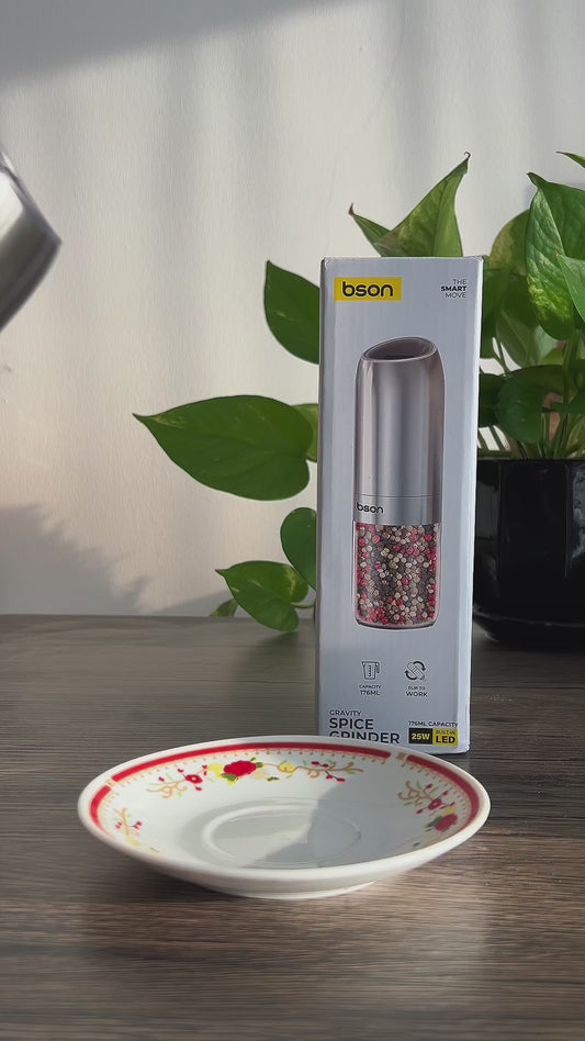 مطحنة توابل BSON Gravity، مطحنة توابل كهربائية عالية الطاقة 25 واط مع ضوء LED مدمج، سعة 176 مل، تشغيل بيد واحدة، هيكل من الفولاذ المقاوم للصدأ، تصميم يعمل بالقلب للفلفل والملح والفلفل الحار والتوابل