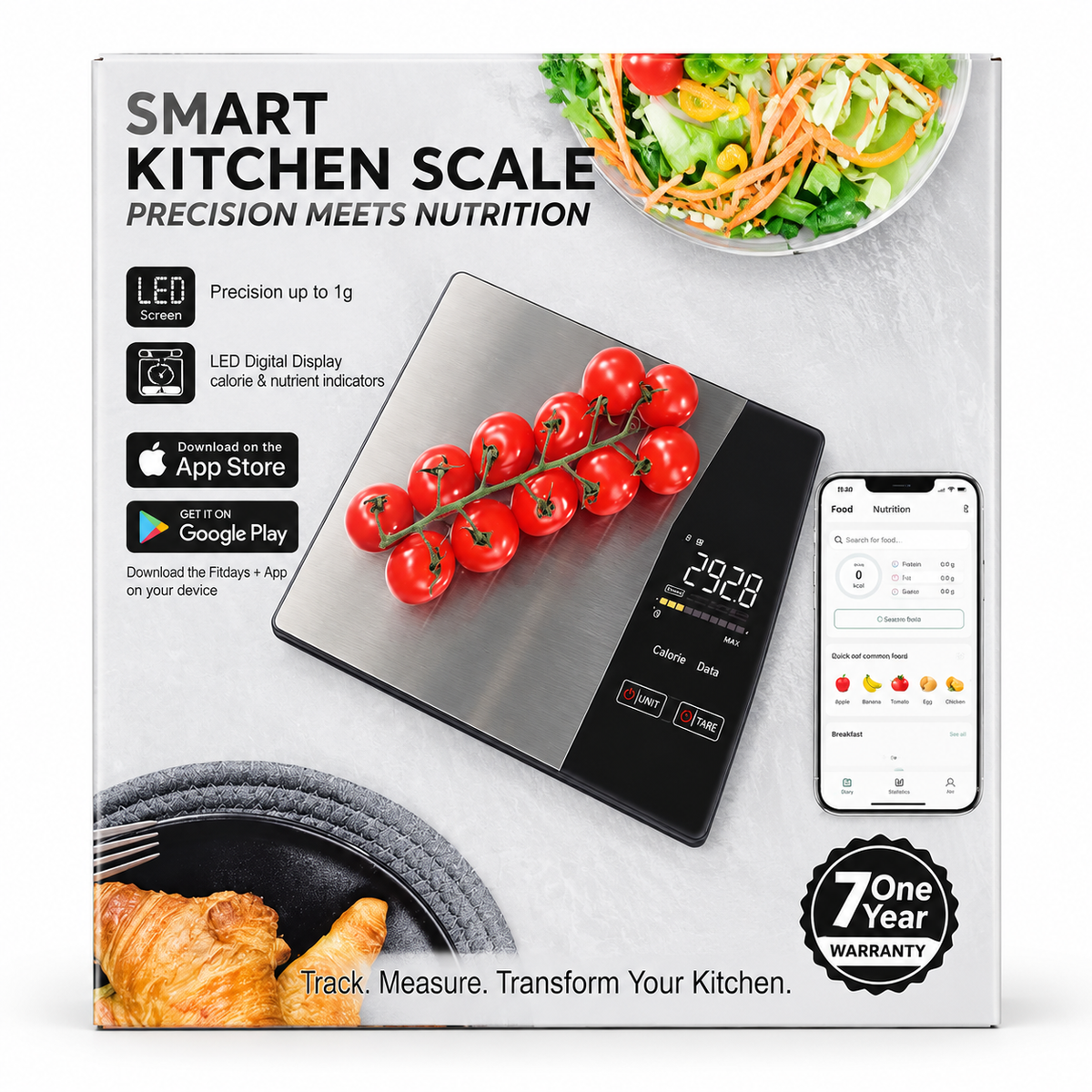 علبة ميزان المطبخ الذكي من الأمام بخلفية بيضاء | Smart Kitchen Scale package front