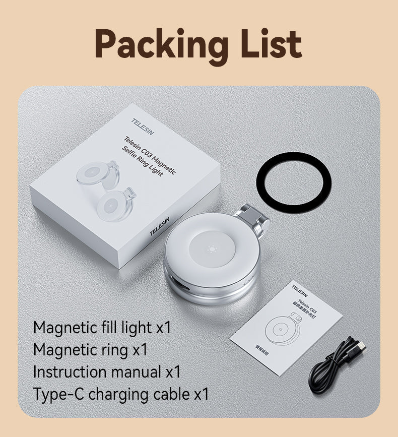 TELESIN C03 magnetic selfie ring light box contents with magnetic ring USB-C cable and manual